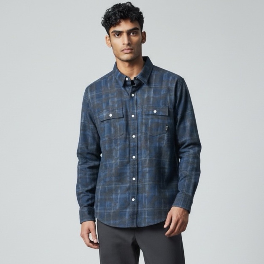 Diamond Supply Blue Camo Plaid Button Front Double Collar Oxford Shirt Size M